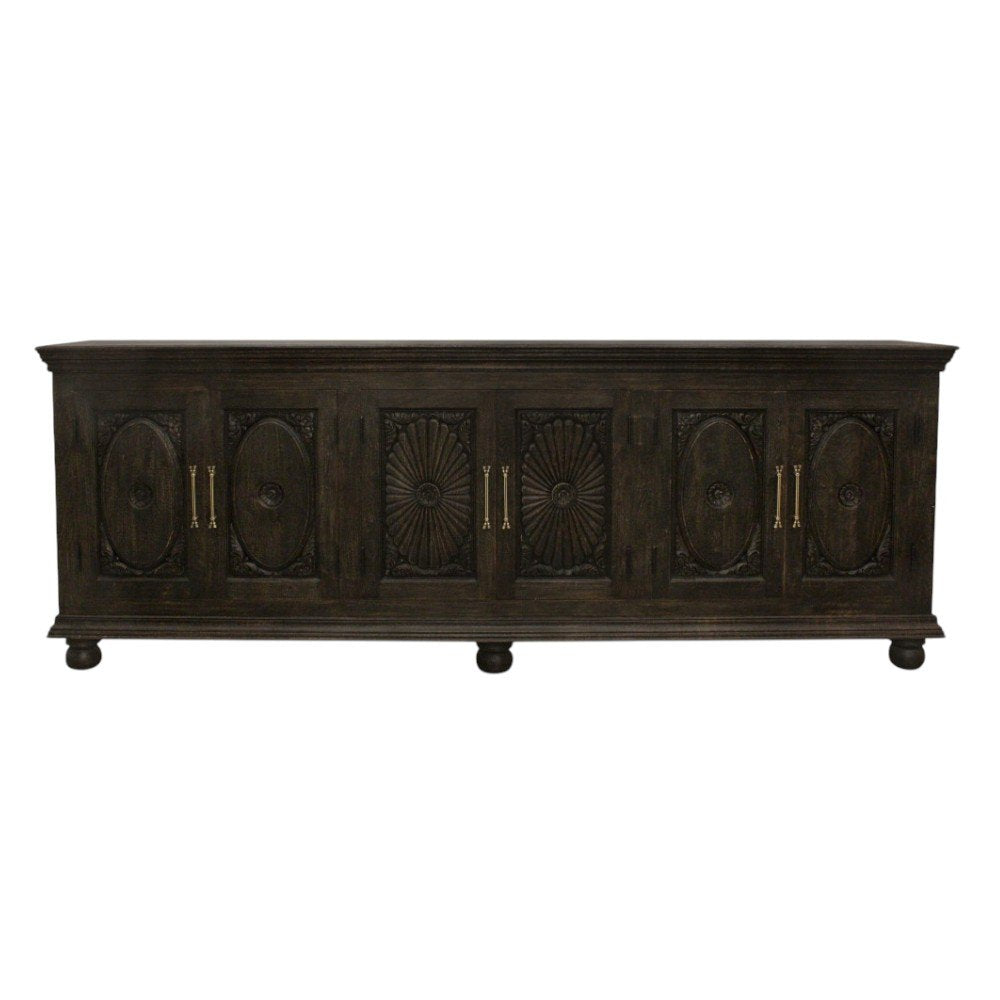 Black Distressed Solid Wood Carved Floral Sideboard with Six Doors - 103-inch