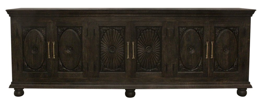Black Distressed Solid Wood Carved Floral Sideboard with Six Doors - 103-inch