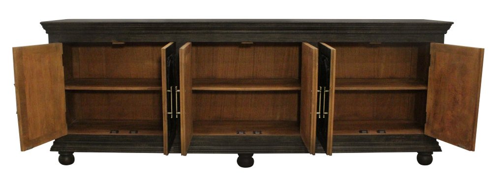 Black Distressed Solid Wood Carved Floral Sideboard with Six Doors - 103-inch
