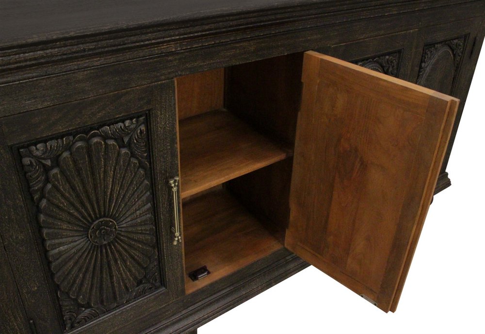 Black Distressed Solid Wood Carved Floral Sideboard with Six Doors - 103-inch