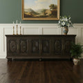 Black Distressed Solid Wood Carved Floral Sideboard with Six Doors - 103-inch