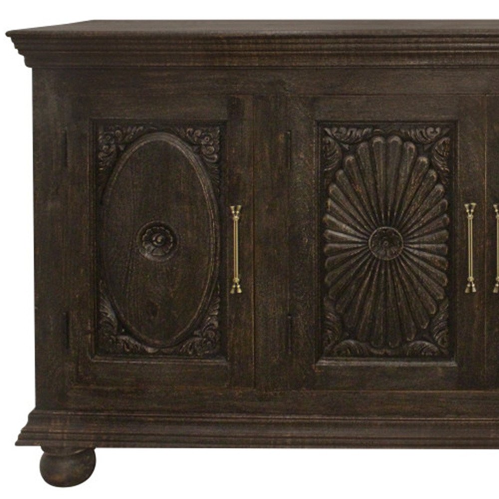 Black Distressed Solid Wood Carved Floral Sideboard with Four Doors - 73-inch