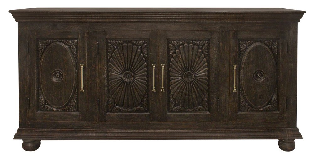 Black Distressed Solid Wood Carved Floral Sideboard with Four Doors - 73-inch