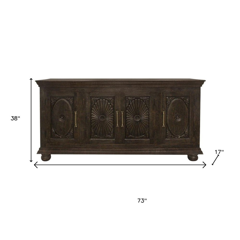 Black Distressed Solid Wood Carved Floral Sideboard with Four Doors - 73-inch