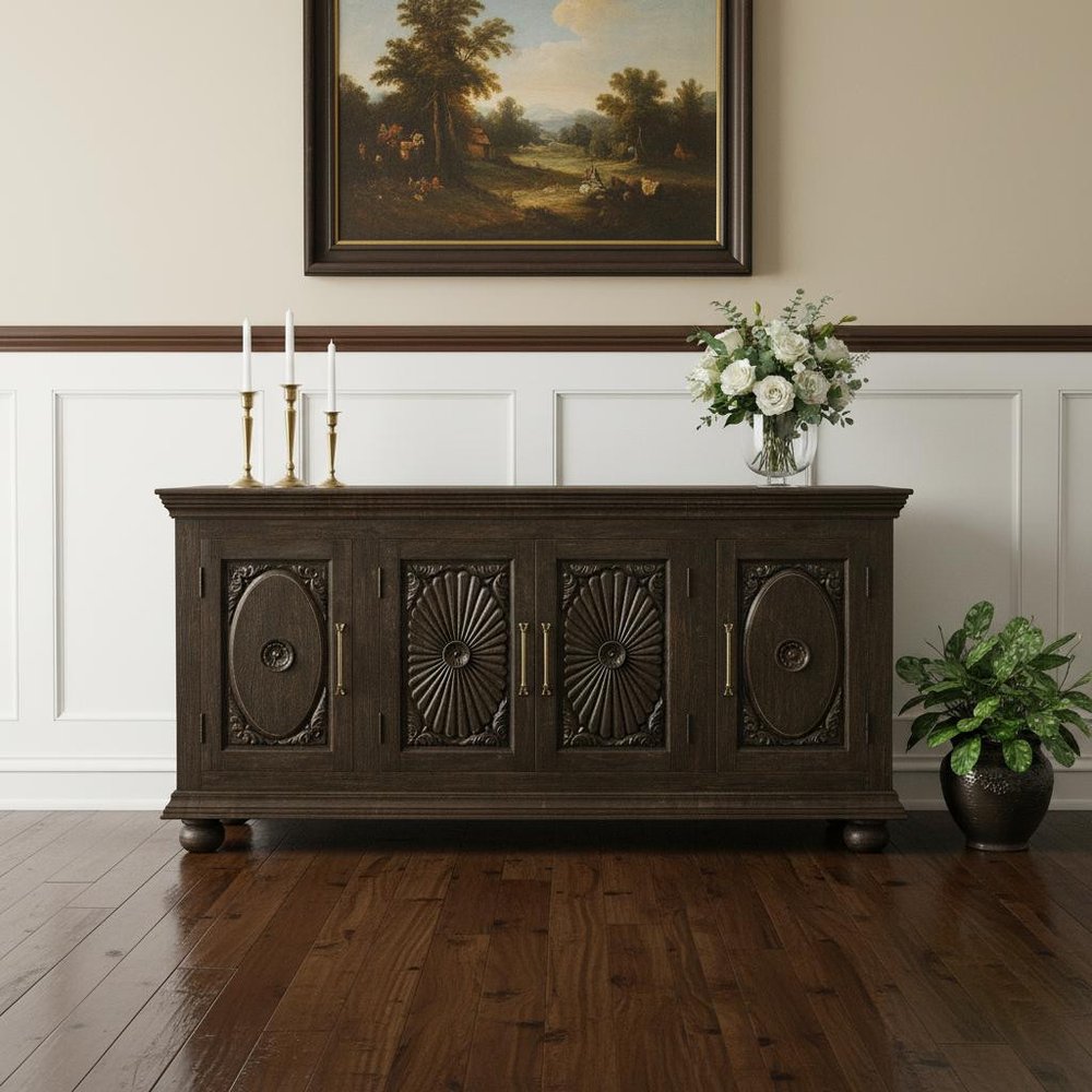 Black Distressed Solid Wood Carved Floral Sideboard with Four Doors - 73-inch