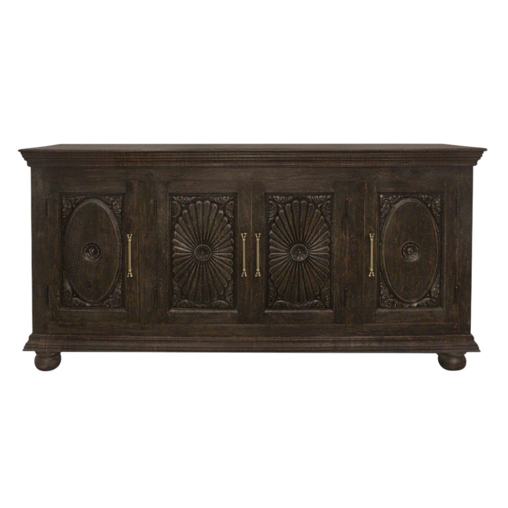 Black Distressed Solid Wood Carved Floral Sideboard with Four Doors - 73-inch