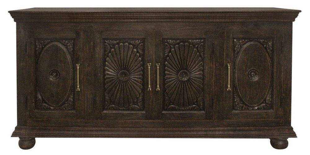 Black Distressed Solid Wood Carved Floral Sideboard with Four Doors - 73-inch