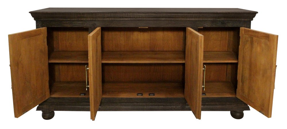 Black Distressed Solid Wood Carved Floral Sideboard with Four Doors - 73-inch
