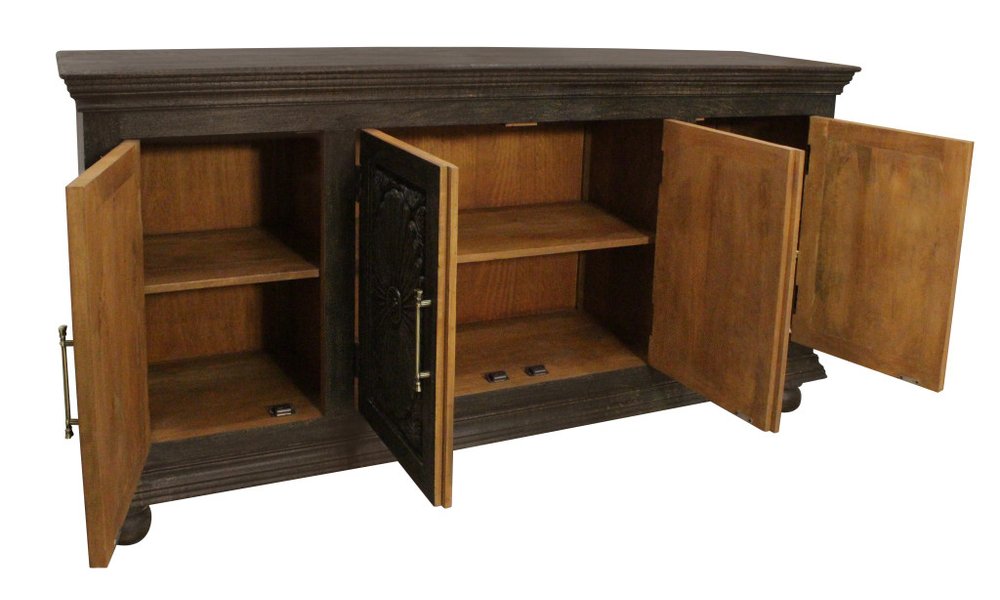 Black Distressed Solid Wood Carved Floral Sideboard with Four Doors - 73-inch