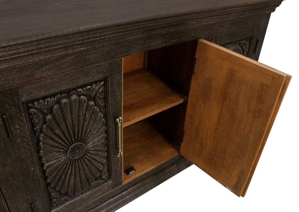 Black Distressed Solid Wood Carved Floral Sideboard with Four Doors - 73-inch