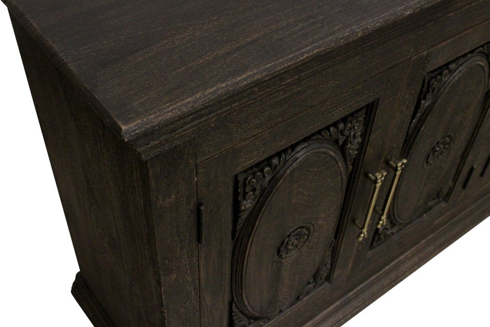 Black Distressed Solid Wood Carved Floral Sideboard with Four Doors - 73-inch