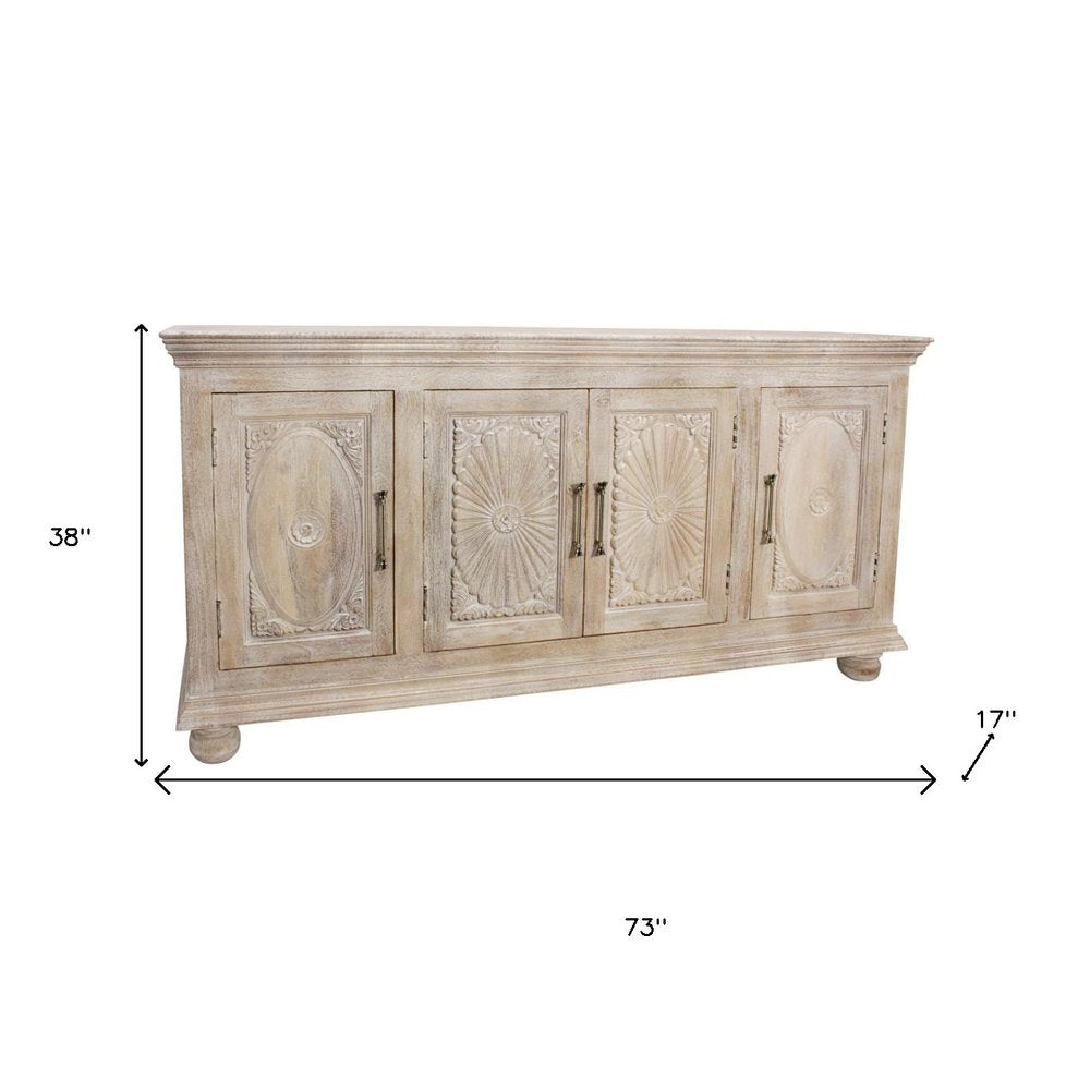 Antiqued White Distressed Solid Wood Carved Floral Sideboard with Four Doors
