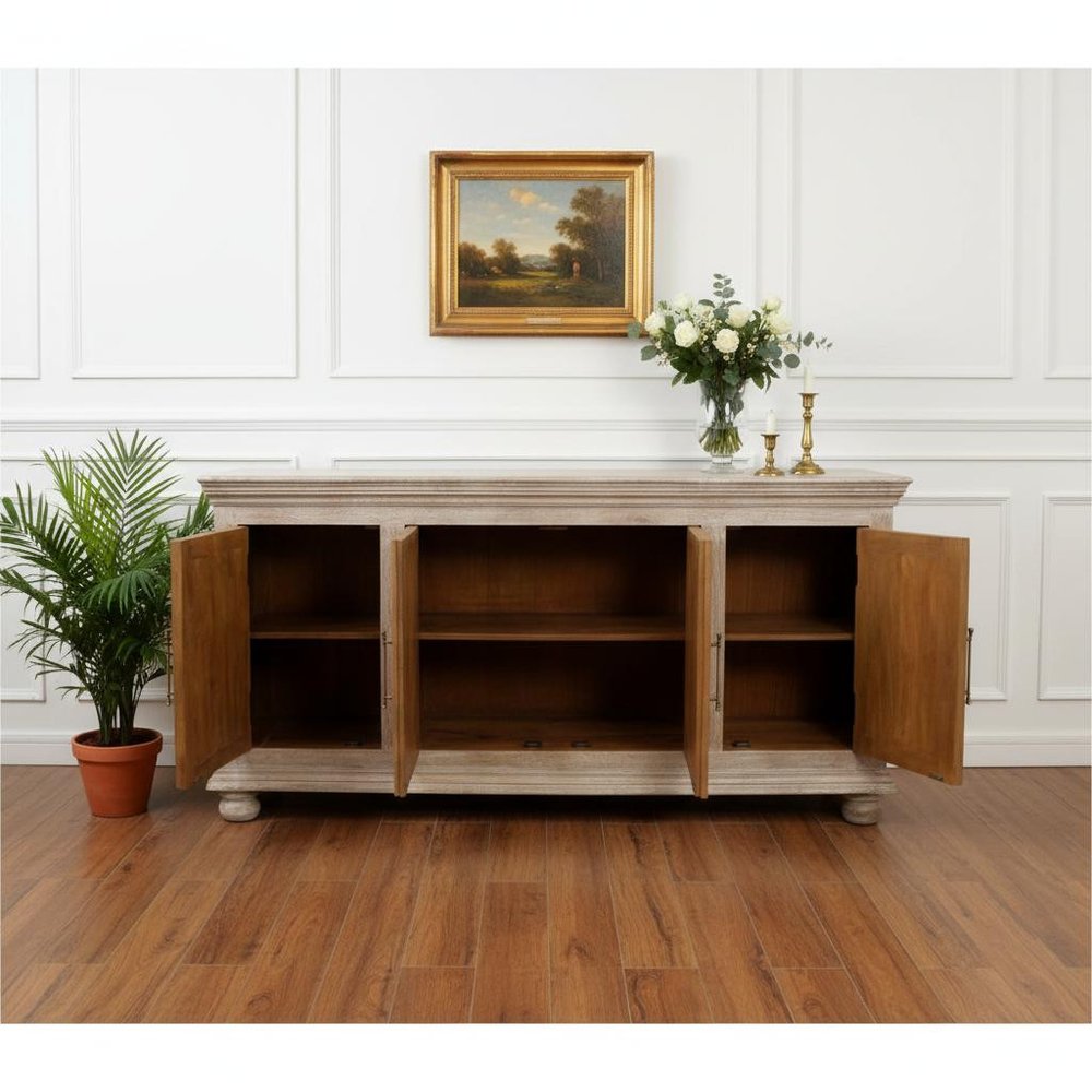 Antiqued White Distressed Solid Wood Carved Floral Sideboard with Four Doors