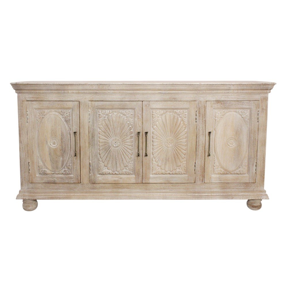 Antiqued White Distressed Solid Wood Carved Floral Sideboard with Four Doors