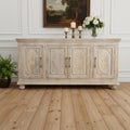 Antiqued White Distressed Solid Wood Carved Floral Sideboard with Four Doors