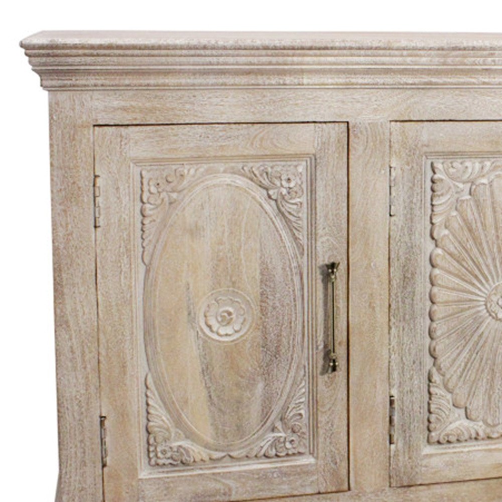 Antiqued White Distressed Solid Wood Carved Floral Sideboard with Four Doors