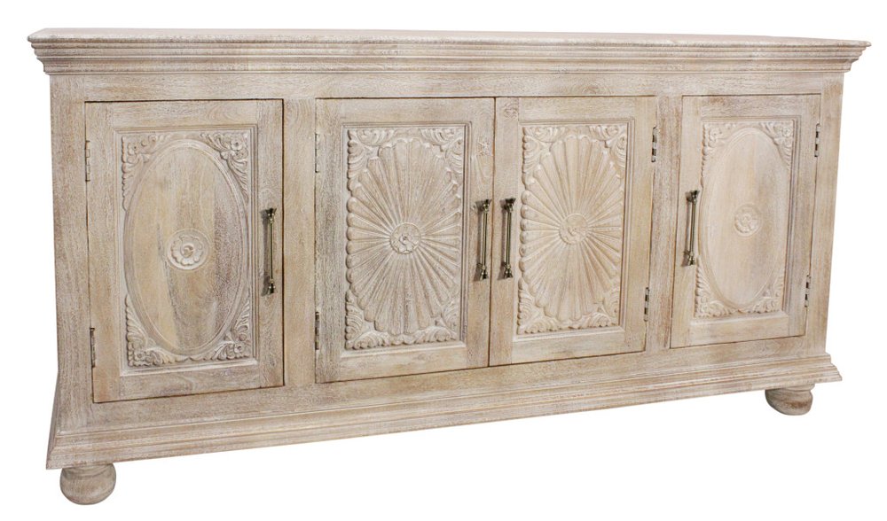 Antiqued White Distressed Solid Wood Carved Floral Sideboard with Four Doors