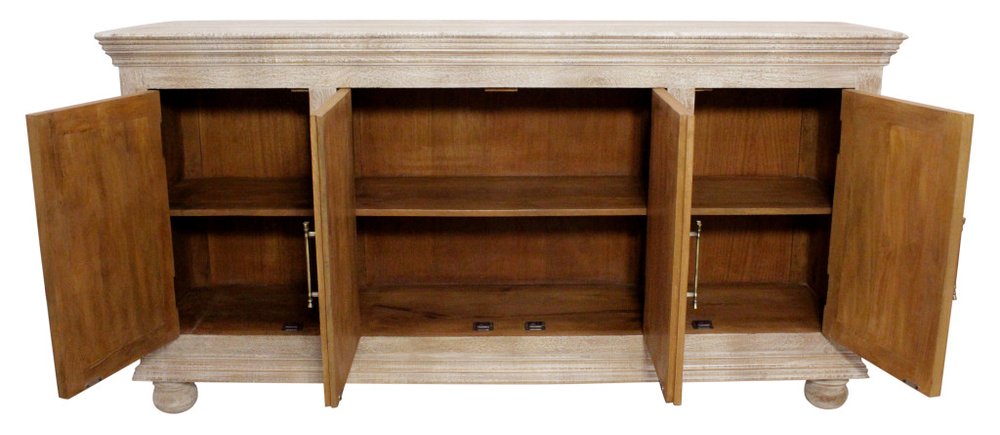 Antiqued White Distressed Solid Wood Carved Floral Sideboard with Four Doors