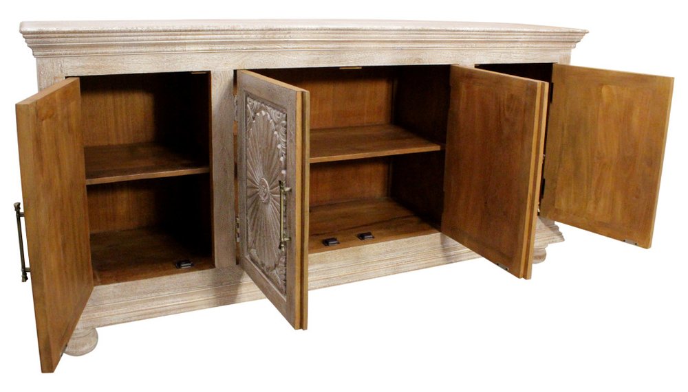 Antiqued White Distressed Solid Wood Carved Floral Sideboard with Four Doors