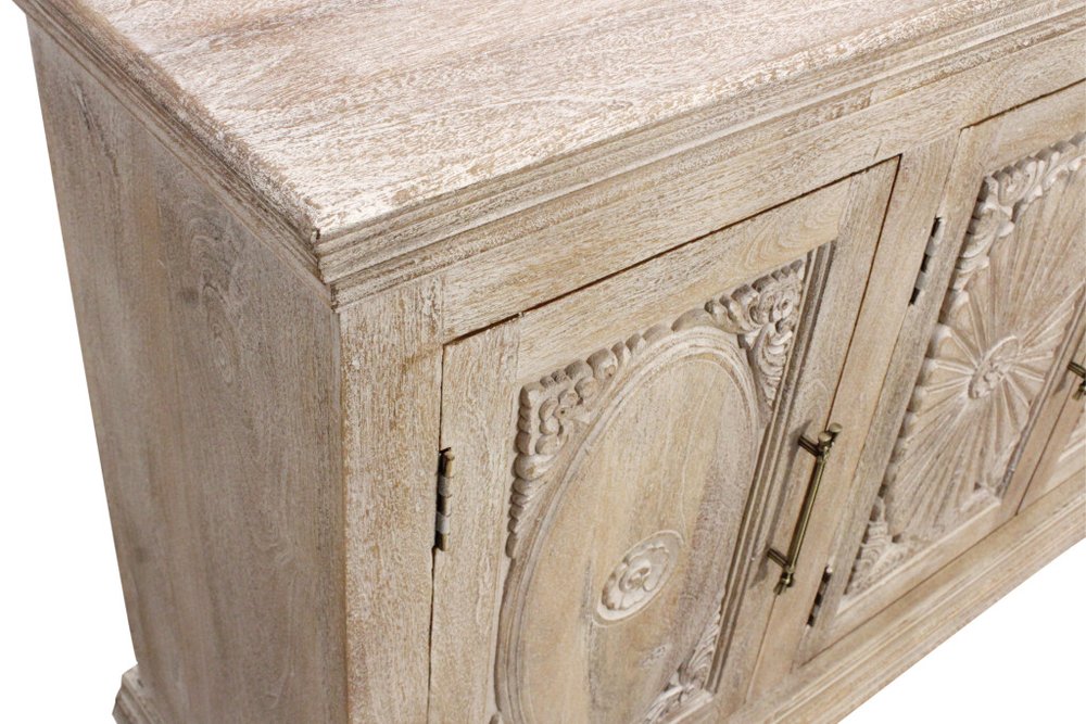 Antiqued White Distressed Solid Wood Carved Floral Sideboard with Four Doors