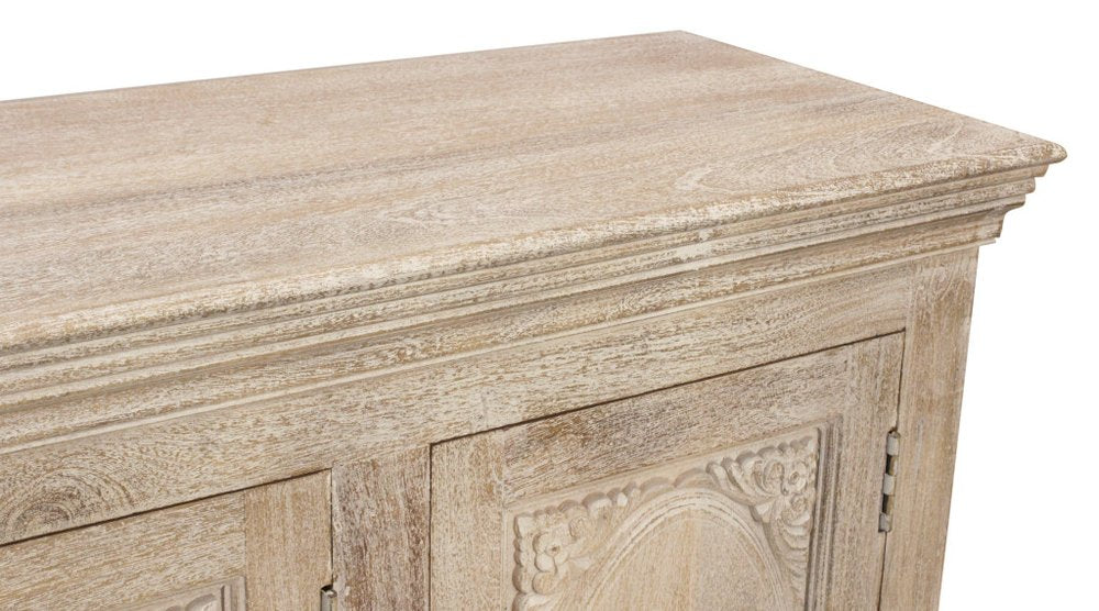 Antiqued White Distressed Solid Wood Carved Floral Sideboard with Four Doors
