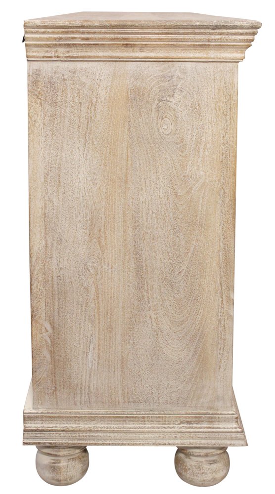Antiqued White Distressed Solid Wood Carved Floral Sideboard with Four Doors