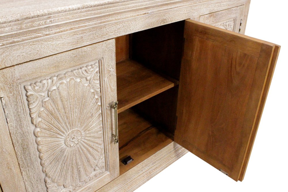Antiqued White Distressed Solid Wood Carved Floral Sideboard with Four Doors
