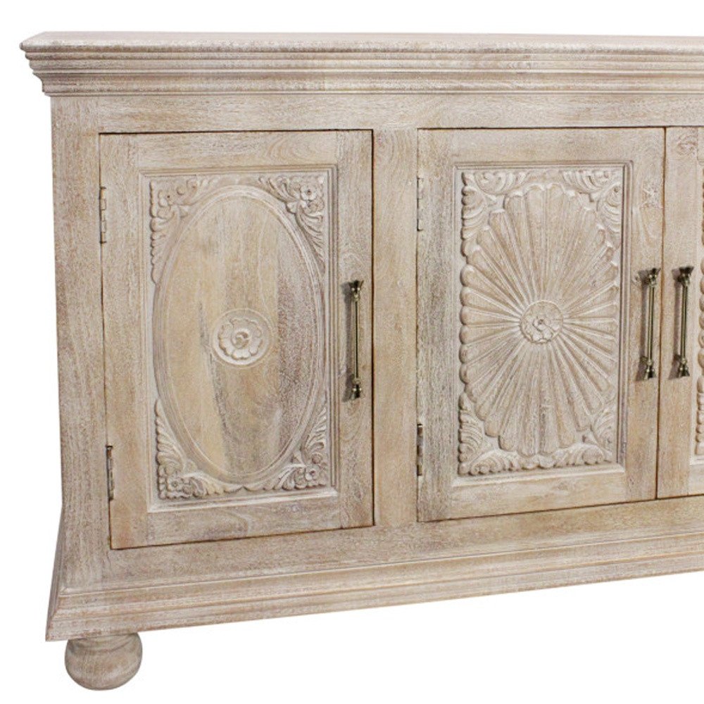 Antiqued White Distressed Solid Wood Carved Floral Sideboard with Four Doors