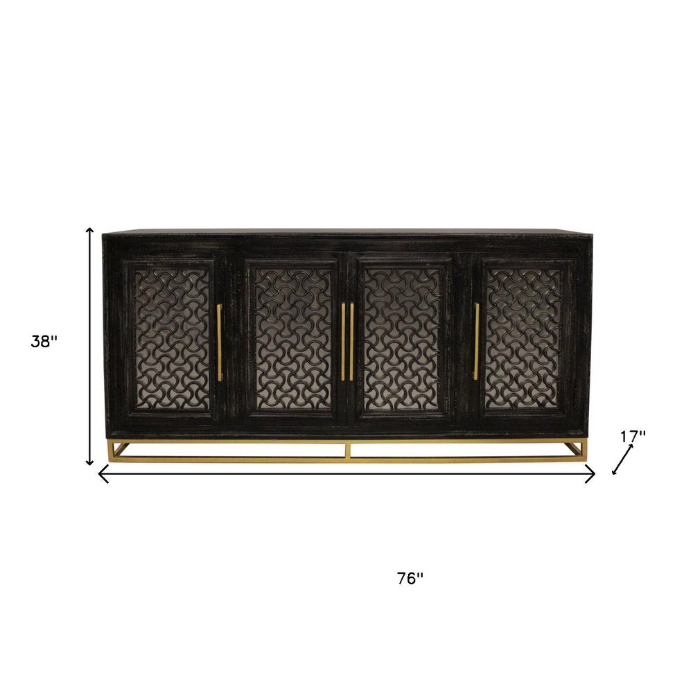 Black Distressed Solid Wood Carved Geometric Sideboard with Four Doors - 76-inch