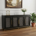 Black Distressed Solid Wood Carved Geometric Sideboard with Four Doors - 76-inch