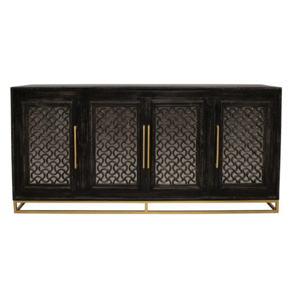 Black Distressed Solid Wood Carved Geometric Sideboard with Four Doors - 76-inch