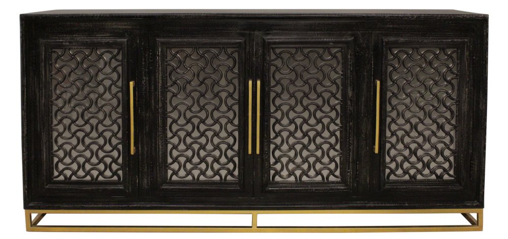 Black Distressed Solid Wood Carved Geometric Sideboard with Four Doors - 76-inch