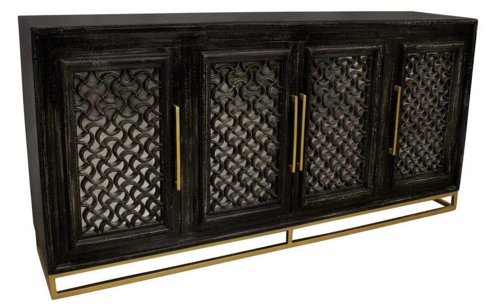 Black Distressed Solid Wood Carved Geometric Sideboard with Four Doors - 76-inch