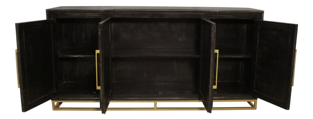 Black Distressed Solid Wood Carved Geometric Sideboard with Four Doors - 76-inch