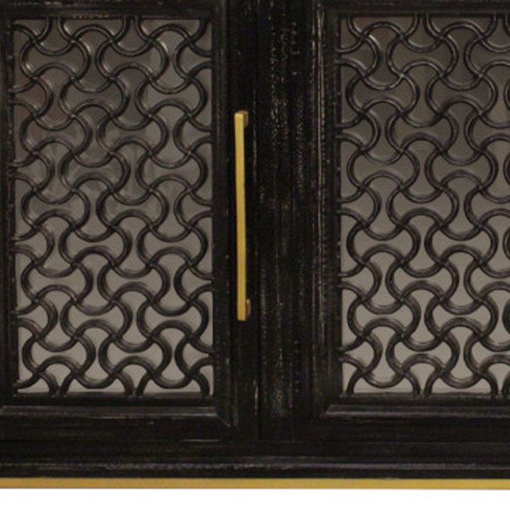 Black Distressed Solid Wood Carved Geometric Sideboard with Four Doors - 76-inch