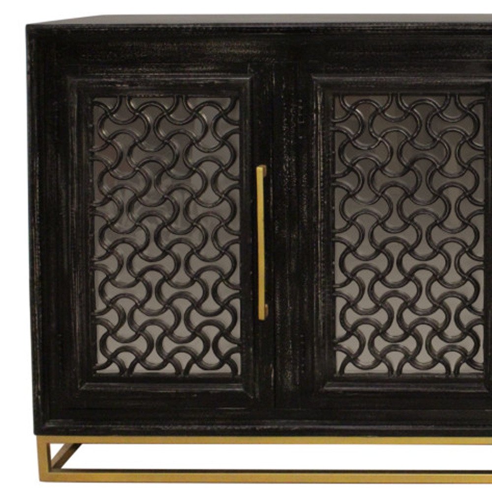 Black Distressed Solid Wood Carved Geometric Sideboard with Four Doors - 76-inch