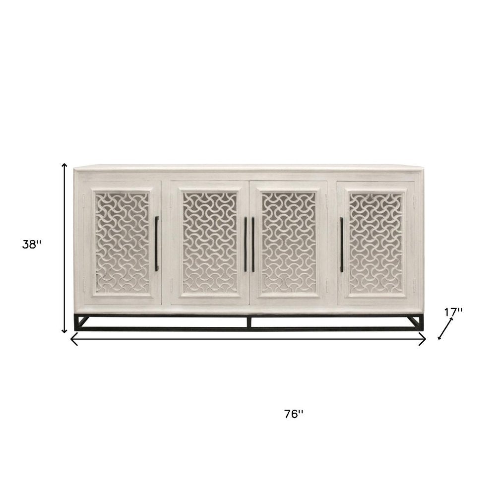 Antiqued White Distressed Solid Wood Carved Geometric Sideboard with Four Doors