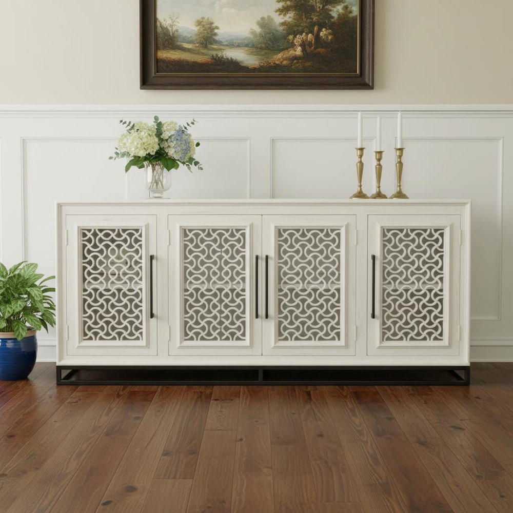 Antiqued White Distressed Solid Wood Carved Geometric Sideboard with Four Doors