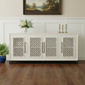 Antiqued White Distressed Solid Wood Carved Geometric Sideboard with Four Doors