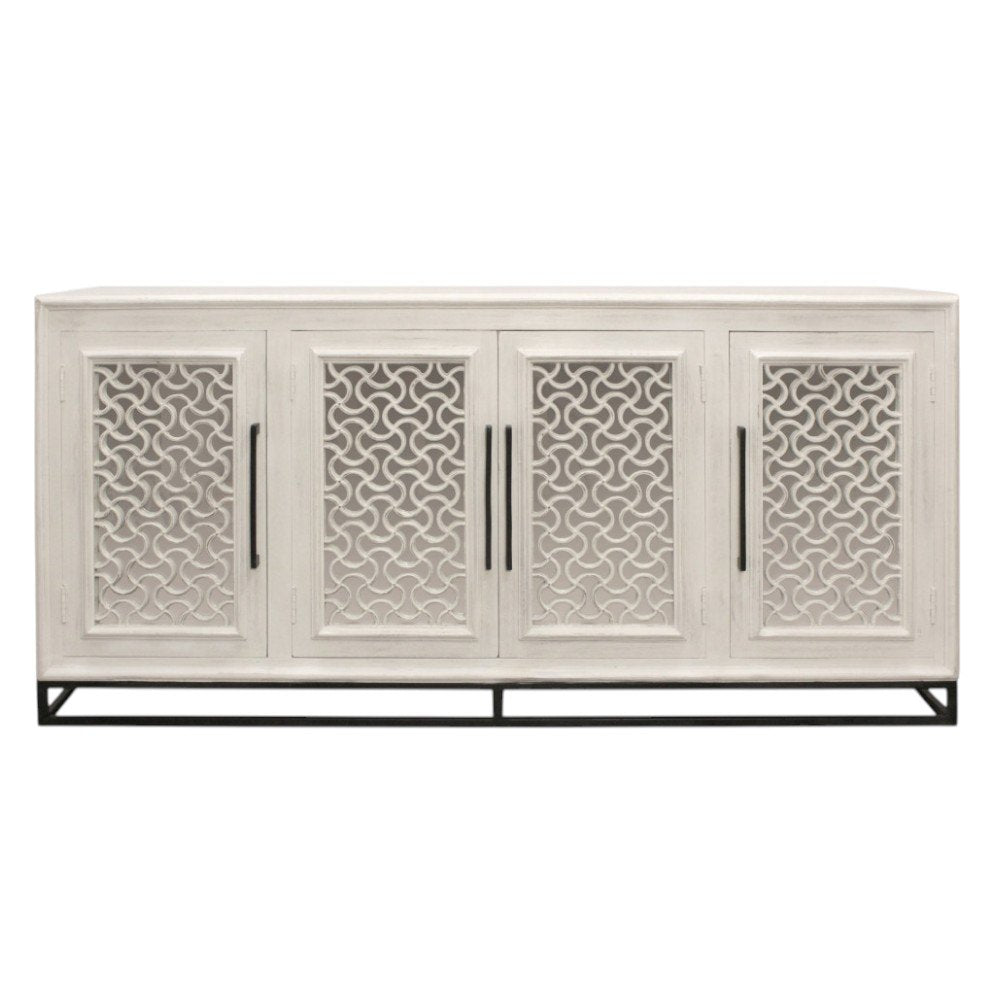 Antiqued White Distressed Solid Wood Carved Geometric Sideboard with Four Doors