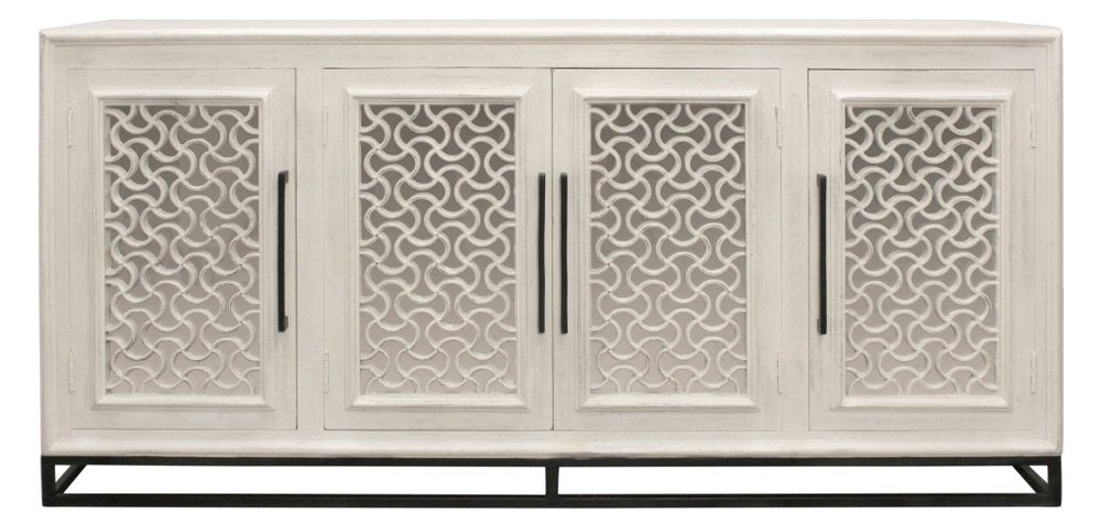 Antiqued White Distressed Solid Wood Carved Geometric Sideboard with Four Doors