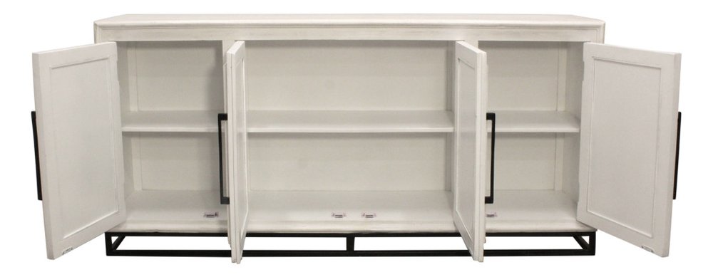 Antiqued White Distressed Solid Wood Carved Geometric Sideboard with Four Doors