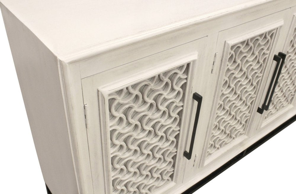 Antiqued White Distressed Solid Wood Carved Geometric Sideboard with Four Doors