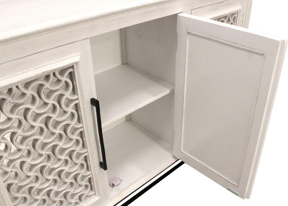 Antiqued White Distressed Solid Wood Carved Geometric Sideboard with Four Doors
