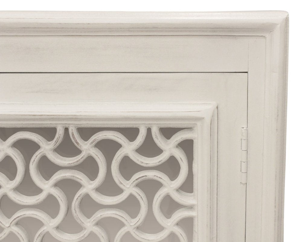 Antiqued White Distressed Solid Wood Carved Geometric Sideboard with Four Doors