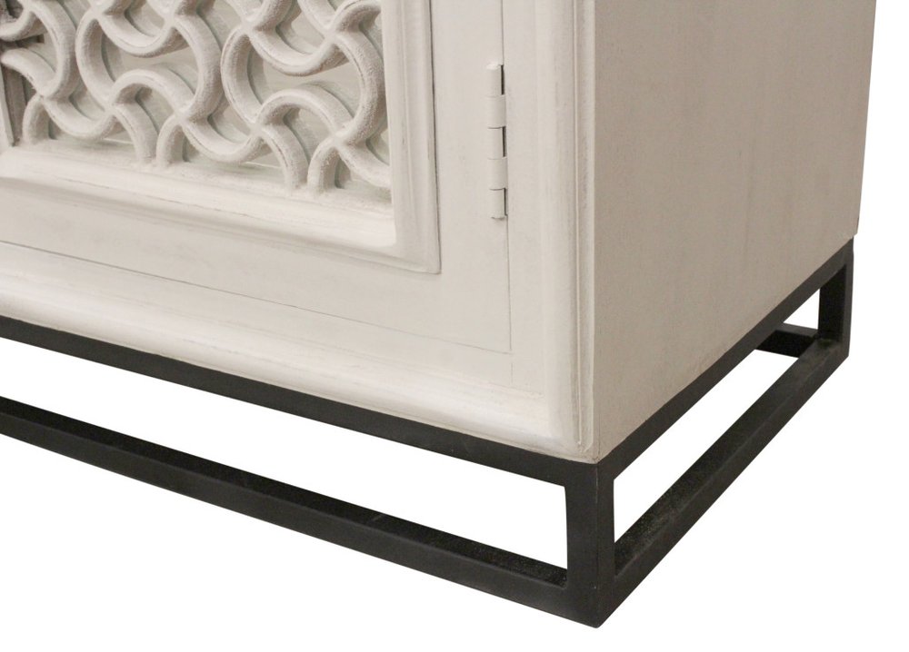 Antiqued White Distressed Solid Wood Carved Geometric Sideboard with Four Doors