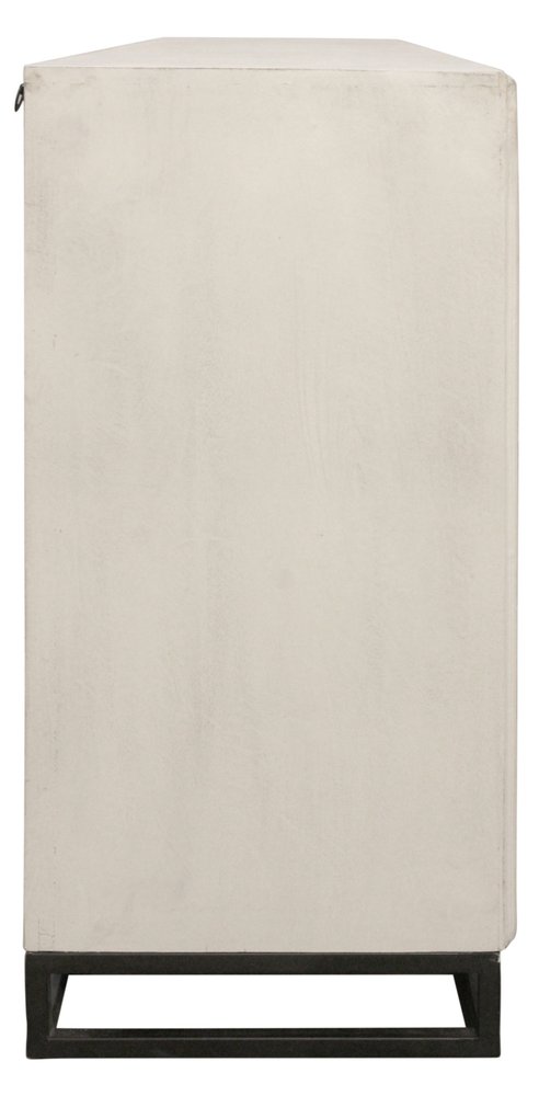 Antiqued White Distressed Solid Wood Carved Geometric Sideboard with Four Doors