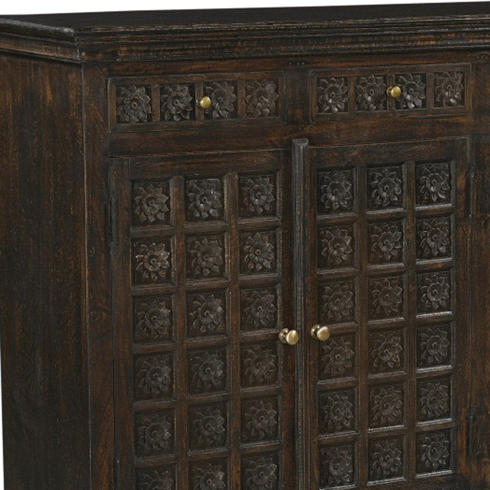 Black Distressed Solid Wood Carved Floral Four Drawer Sideboard with Four Doors