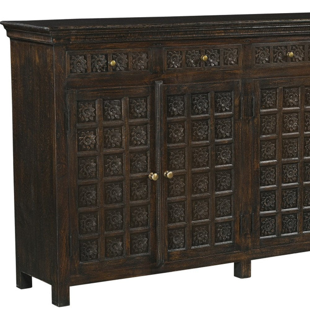 Black Distressed Solid Wood Carved Floral Four Drawer Sideboard with Four Doors