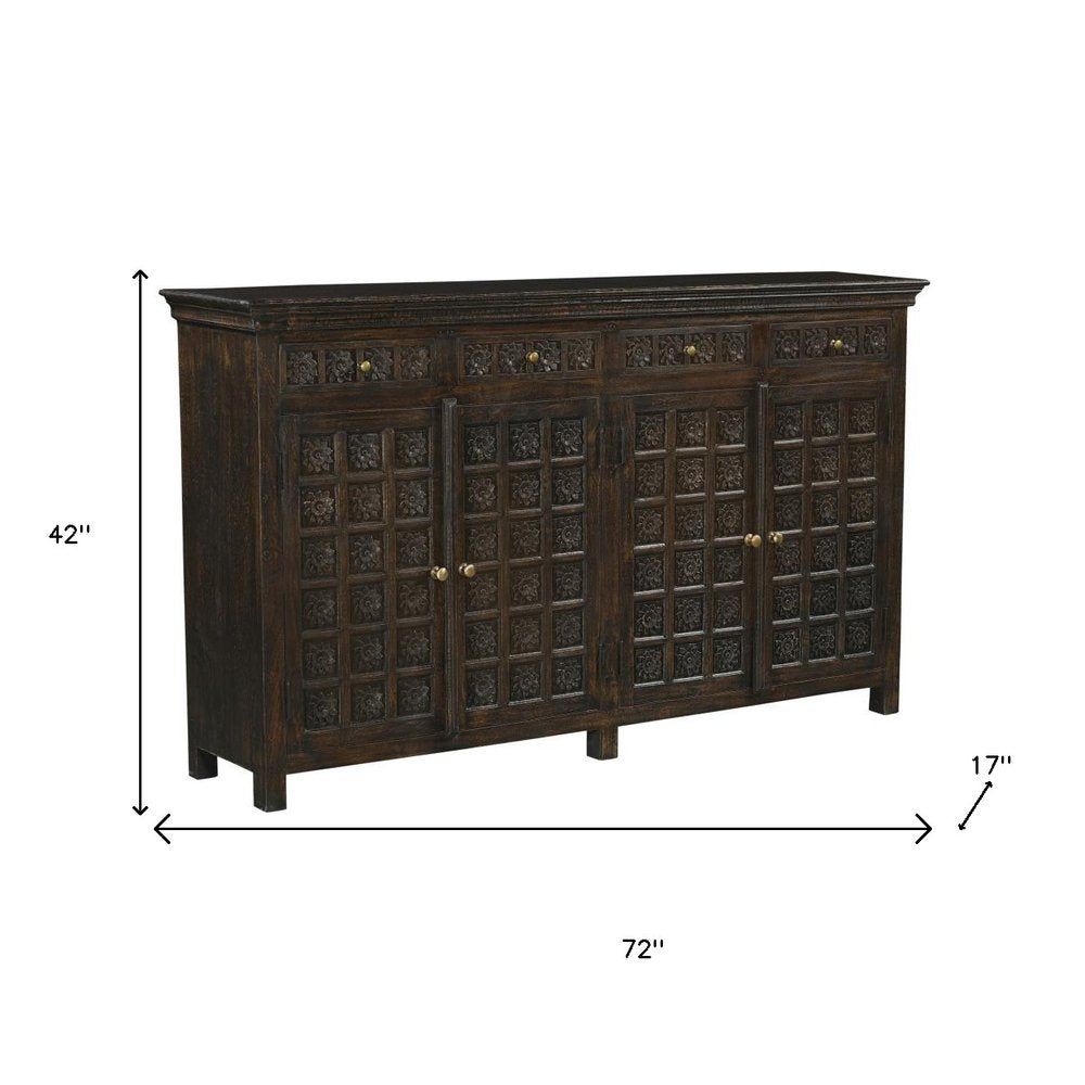 Black Distressed Solid Wood Carved Floral Four Drawer Sideboard with Four Doors